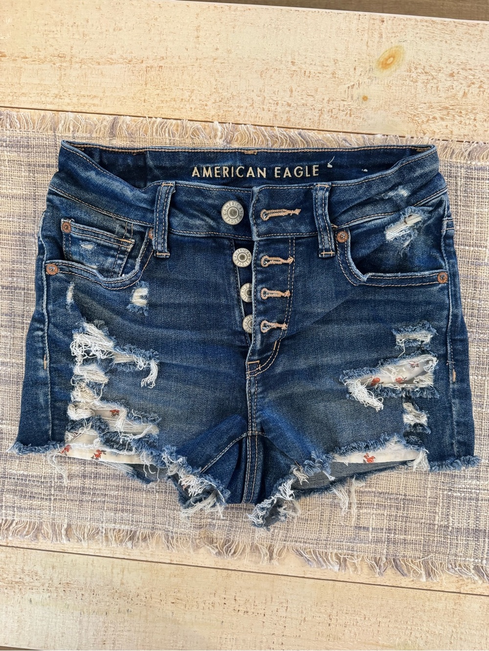 American Eagle Outfitters Dark Blue Distressed High-Rise Denim Shorts
